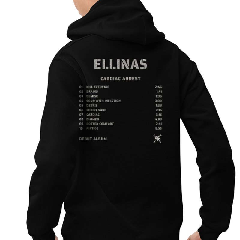 Back of a black hoodie printed with the CARDIAC ARREST track listing
