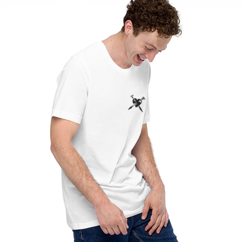 White t-shirt with the small heart and nails printed on the left chest