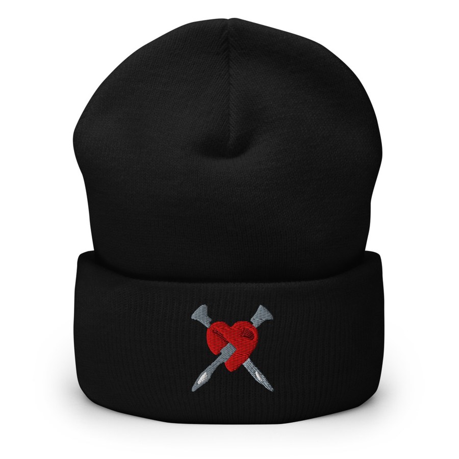 Black cuffed beanie with the red ELLINAS heart and nails embroidered on the cuff