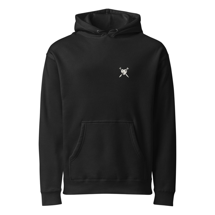 Black heavyweight hoodie with the ELLINAS heart and nails logo on the chest