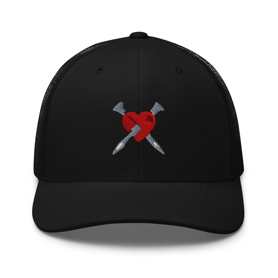 All black trucker hat with the red ELLINAS heart and nails embroidered on the front