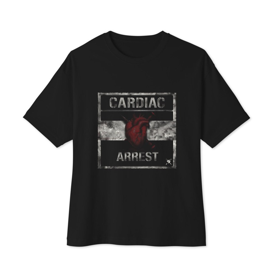 Black boxy tee with the CARDIAC ARREST album cover on the front