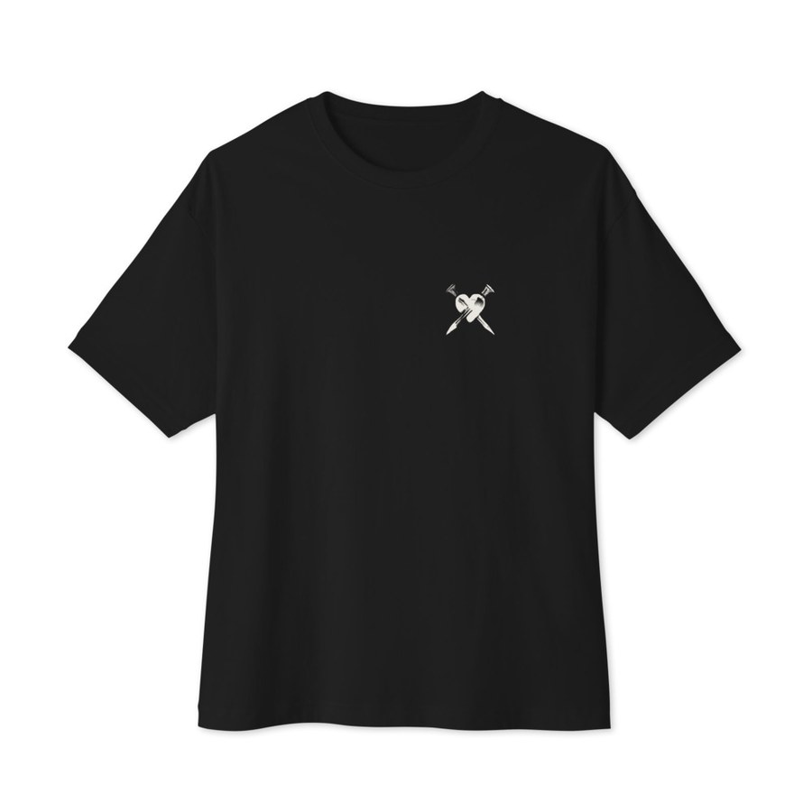 Black boxy tee with the ELLINAS heart and nails logo on the left chest