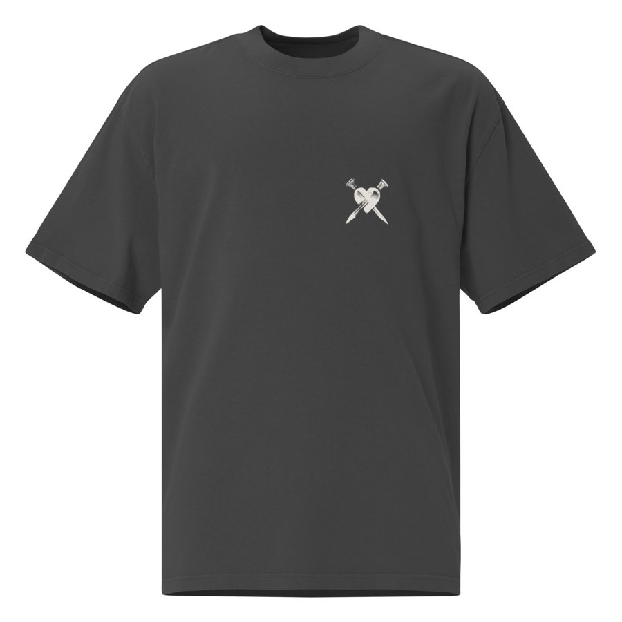 Faded black oversized tee with the ELLINAS heart and nails logo on the chest