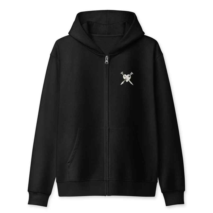 Black heavyweight zip hoodie with the ELLINAS heart and nails logo on the chest